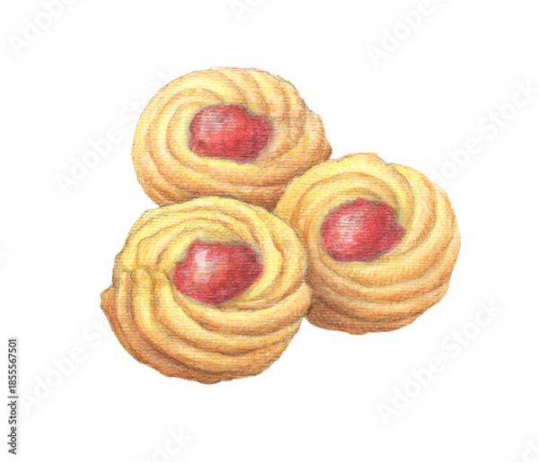 Fototapeta ラズベリージャムクッキー　水彩色鉛筆イラスト