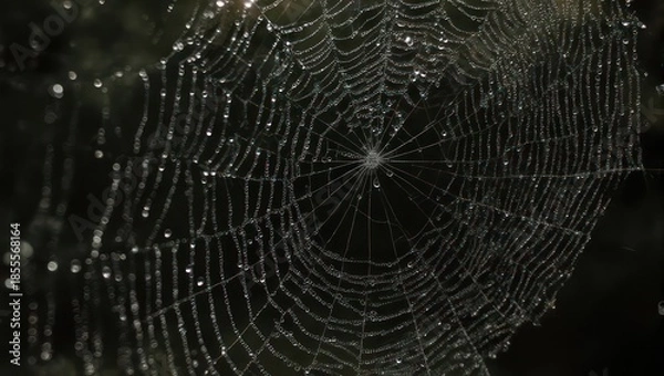 Fototapeta Intricate Spiderweb Displaying Dew Drops in Dark Environment.