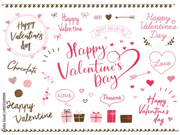 Obraz バレンタインデーのグラフィックロゴとデコレーションフレームセット　あしらい、ハート、リボン、飾り枠、チョコレートのベクターイラスト