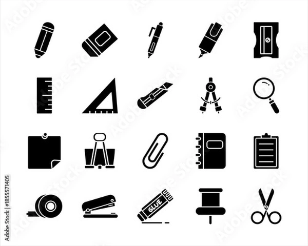 Obraz Solid Black Office and School Stationery Icons Set