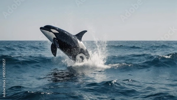 Fototapeta Orca whale breaching the ocean surface with a dramatic splash.