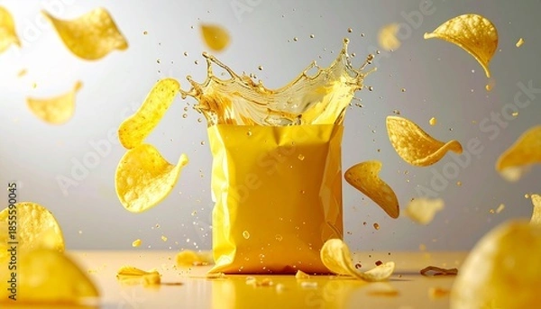 Obraz Blank Yellow Potato Chip Bag Mockup with Splash and Flying Chips salted