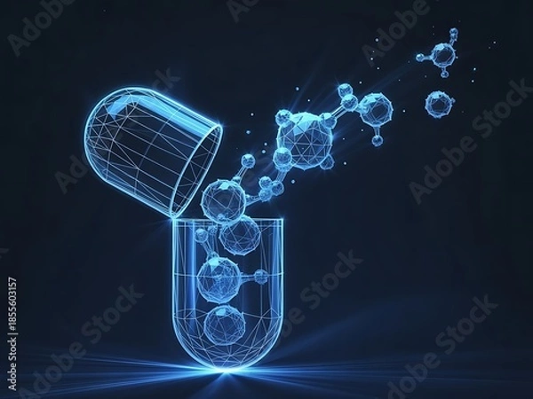 Obraz Glowing blue molecular structure emerging from a beaker