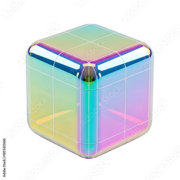 Obraz Iridescent Cube with Rounded Edges on White Background.