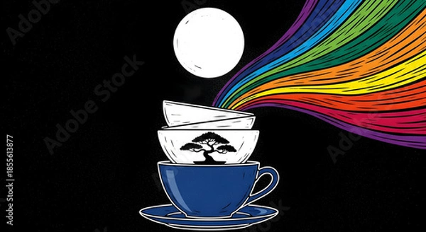 Obraz Surreal Tea Cup Stack with Moon and Rainbow Illustration.
