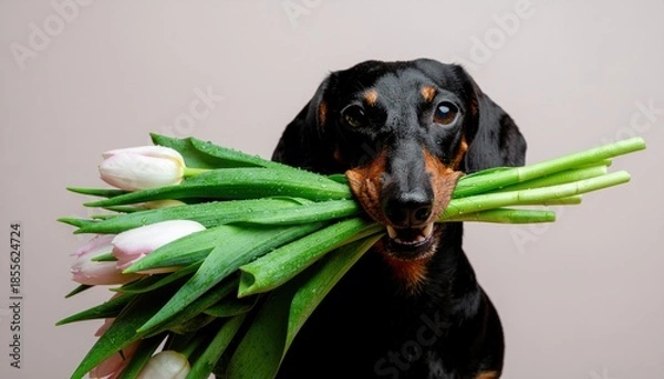 Obraz Dachshund holding a bouquet of tulips in his teeth on a pink background. Spring card for Valentine's Day, Women's Day