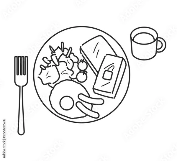 Fototapeta フレンチトーストのワンプレートランチのイラスト　線画のみ