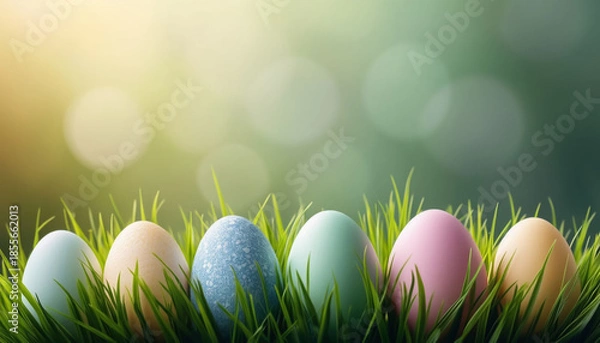 Fototapeta  Pastel-colored Easter eggs on gentle green backdrop for banner template