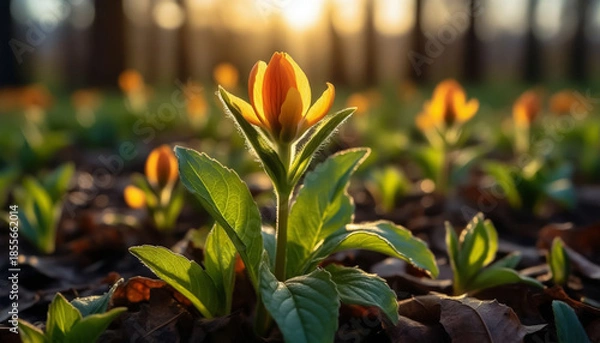 Fototapeta First spring flowers in forest, early bloomers in woods