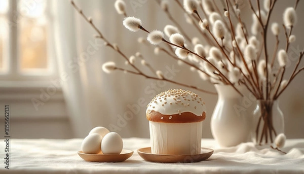 Fototapeta Festive Easter Table Setting with Glazed Kulich and Decorations Spring Celebration