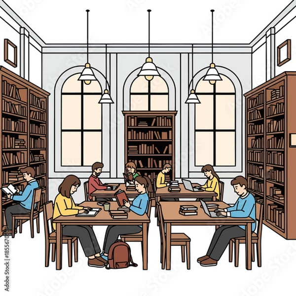 Obraz Students Studying and Reading in Classic Public Library Interior Vector