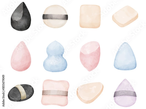 Obraz 水彩画風の色々な形のファンデーションパフのセット