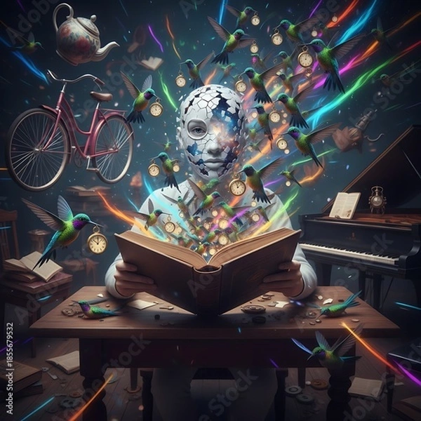 Obraz Person reading a book surrounded by colorful elements and objects in a creative setting