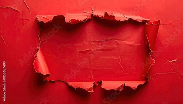 Fototapeta Torn red paper reveals a textured inner surface within a rectangular frame