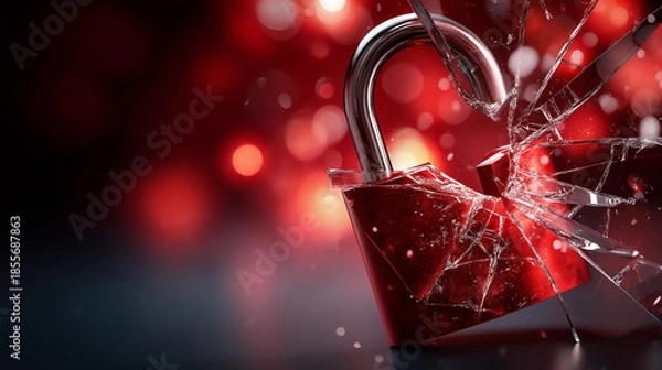 Obraz Hacker attack security alert visualization, system hacked concept with red broken padlock, internet cyber attack imagery, compromised password warning, with copy space