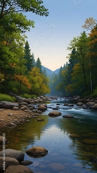 Obraz Serene Forest Stream with Rocks and Trees