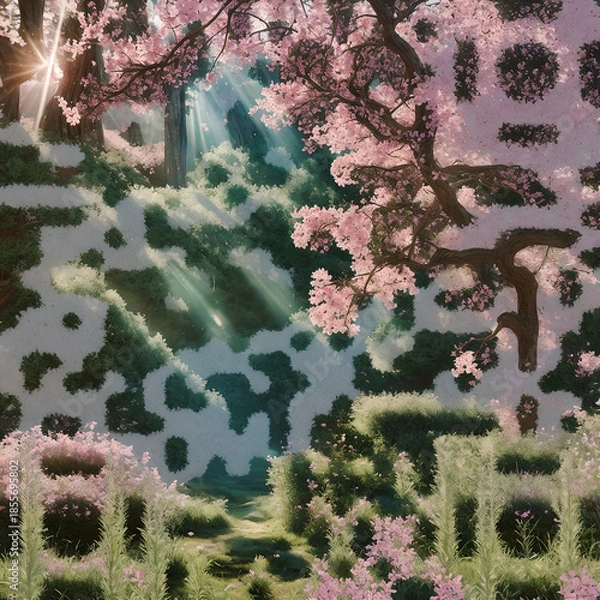 Obraz Tranquil spring landscape with cherry blossoms and soft sunlight filtering through trees