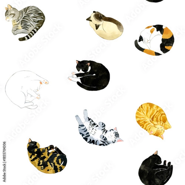 Obraz 眠るかわいい猫のシームレスパターン　動物・ペットの手描き水彩イラスト背景素材