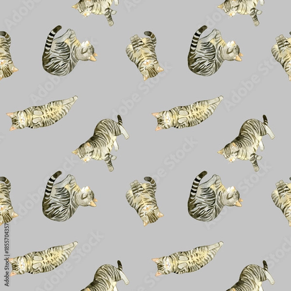 Obraz かわいいキジトラ猫のシームレスパターン　動物・ペットの手描き水彩イラスト背景素材