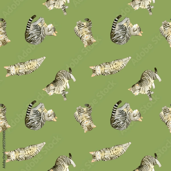 Obraz かわいいキジトラ猫のシームレスパターン　動物・ペットの手描き水彩イラスト背景素材