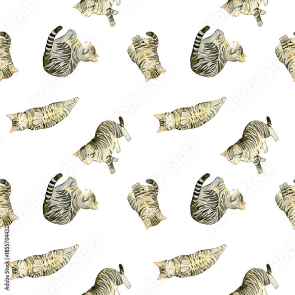 Obraz かわいいキジトラ猫のシームレスパターン　動物・ペットの手描き水彩イラスト背景素材