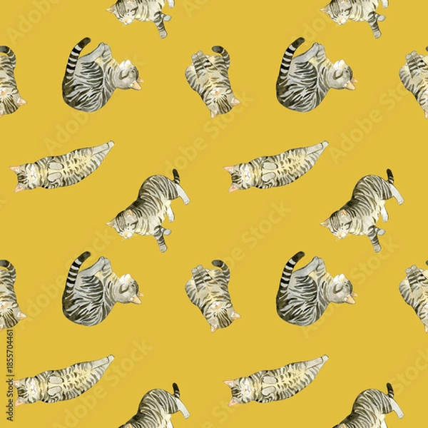 Obraz かわいいキジトラ猫のシームレスパターン　動物・ペットの手描き水彩イラスト背景素材