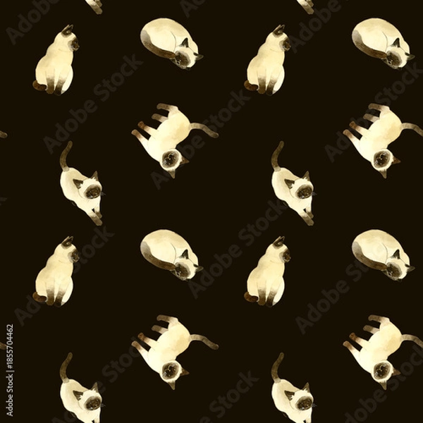 Obraz かわいいシャム猫のシームレスパターン　動物・ペットの手描き水彩イラスト背景素材