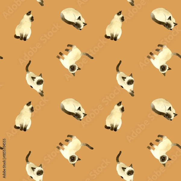 Obraz かわいいシャム猫のシームレスパターン　動物・ペットの手描き水彩イラスト背景素材