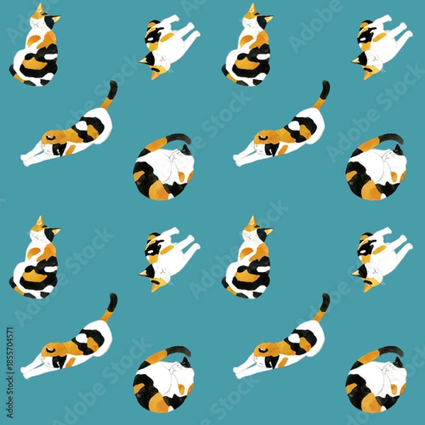 Obraz かわいい三毛猫のシームレスパターン　動物・ペットの手描き水彩イラスト背景素材