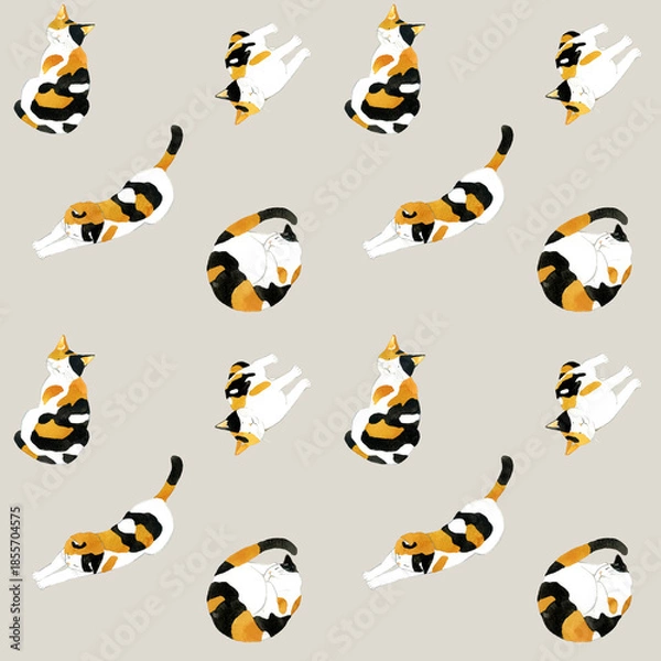 Obraz かわいい三毛猫のシームレスパターン　動物・ペットの手描き水彩イラスト背景素材