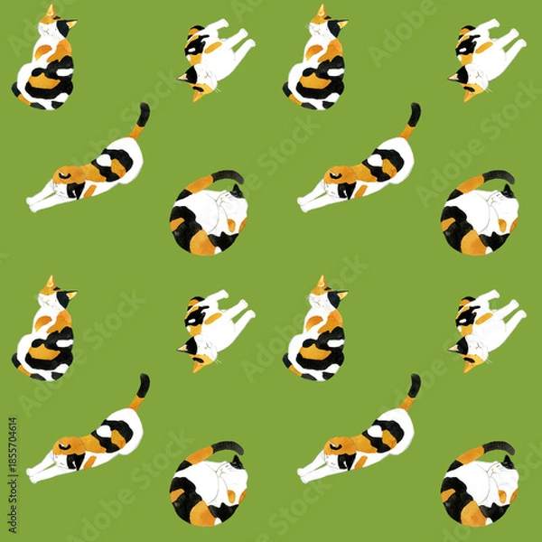 Obraz かわいい三毛猫のシームレスパターン　動物・ペットの手描き水彩イラスト背景素材