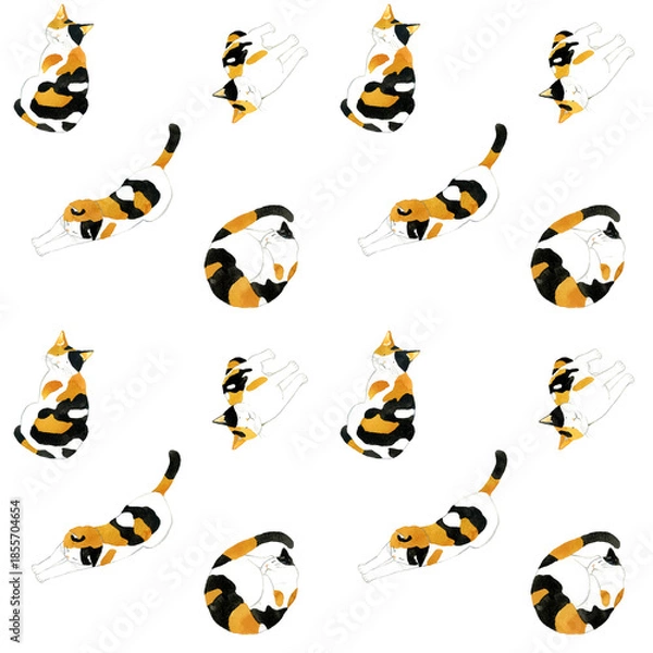 Obraz かわいい三毛猫のシームレスパターン　動物・ペットの手描き水彩イラスト背景素材
