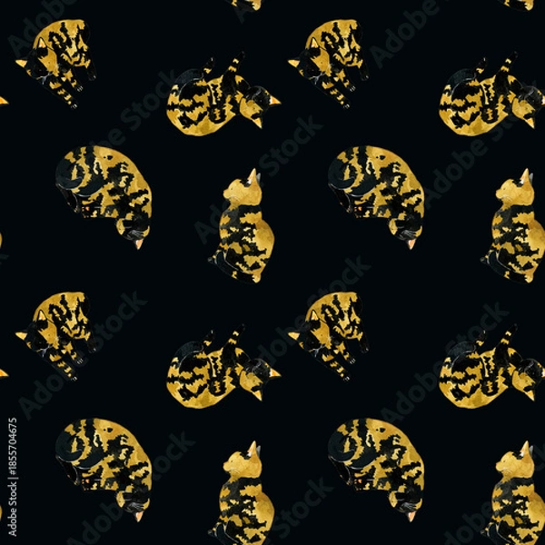 Obraz かわいいサビ猫のシームレスパターン　動物・ペットの手描き水彩イラスト背景素材