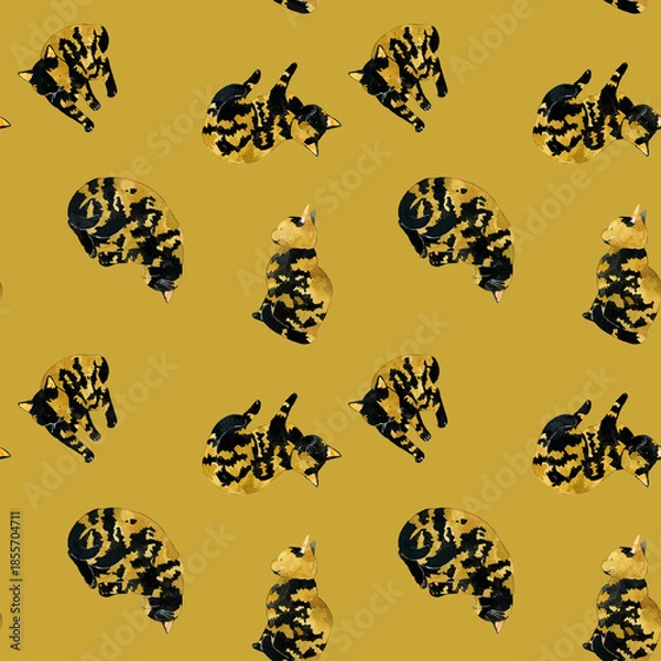 Obraz かわいいサビ猫のシームレスパターン　動物・ペットの手描き水彩イラスト背景素材