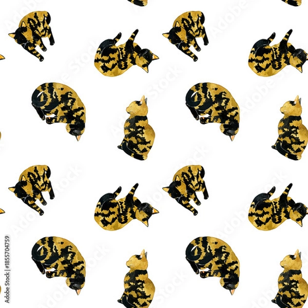Obraz かわいいサビ猫のシームレスパターン　動物・ペットの手描き水彩イラスト背景素材