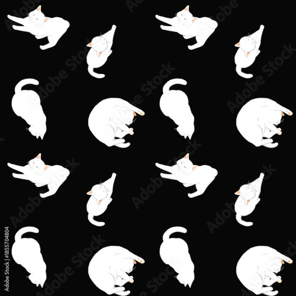 Obraz かわいい白猫のシームレスパターン　動物・ペットの手描き水彩イラスト背景素材