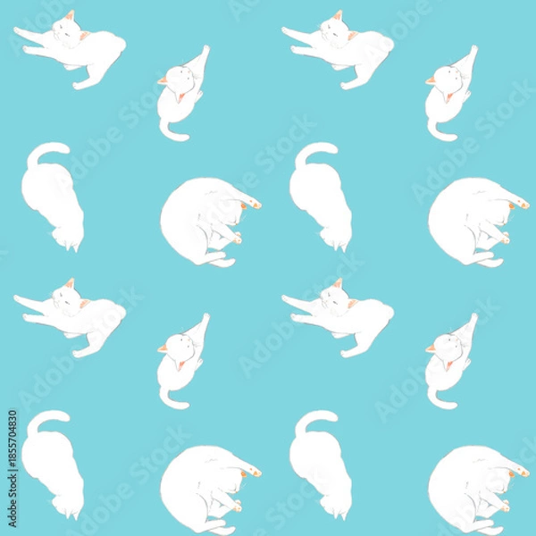 Obraz かわいい白猫のシームレスパターン　動物・ペットの手描き水彩イラスト背景素材