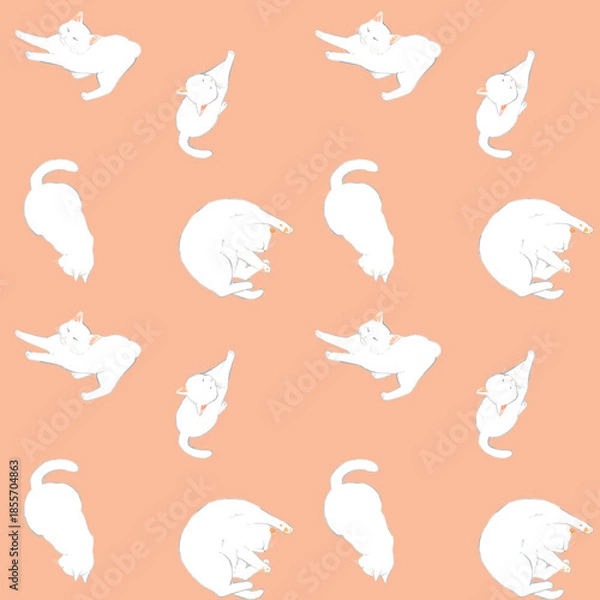 Obraz かわいい白猫のシームレスパターン　動物・ペットの手描き水彩イラスト背景素材
