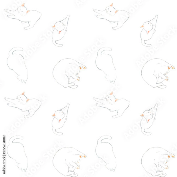 Obraz かわいい白猫のシームレスパターン　動物・ペットの手描き水彩イラスト背景素材