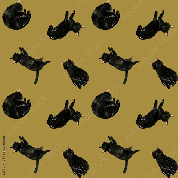 Obraz かわいい黒猫のシームレスパターン　動物・ペットの手描き水彩イラスト背景素材