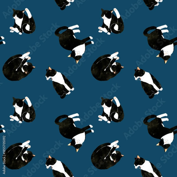 Obraz かわいい白黒ハチワレ猫のシームレスパターン　動物・ペットの手描き水彩イラスト背景素材