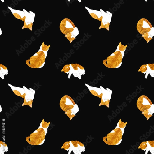 Obraz かわいい茶白猫のシームレスパターン　動物・ペットの手描き水彩イラスト背景素材