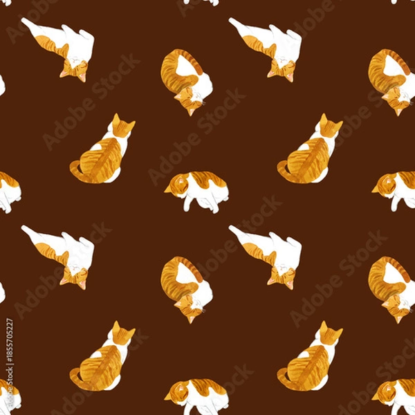 Obraz かわいい茶白猫のシームレスパターン　動物・ペットの手描き水彩イラスト背景素材