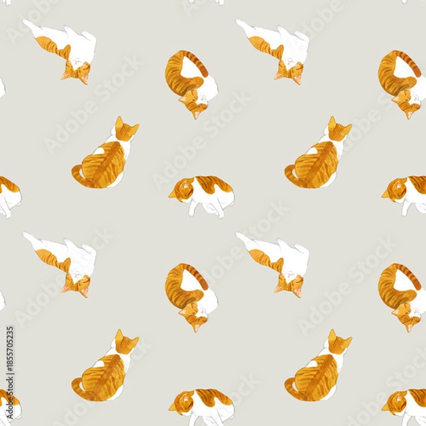 Obraz かわいい茶白猫のシームレスパターン　動物・ペットの手描き水彩イラスト背景素材