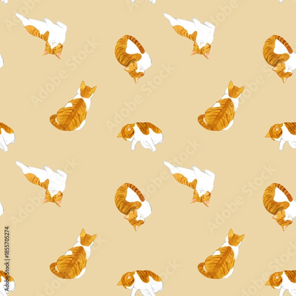 Obraz かわいい茶白猫のシームレスパターン　動物・ペットの手描き水彩イラスト背景素材