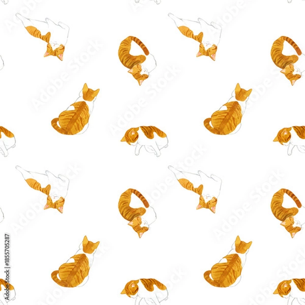 Obraz かわいい茶白猫のシームレスパターン　動物・ペットの手描き水彩イラスト背景素材