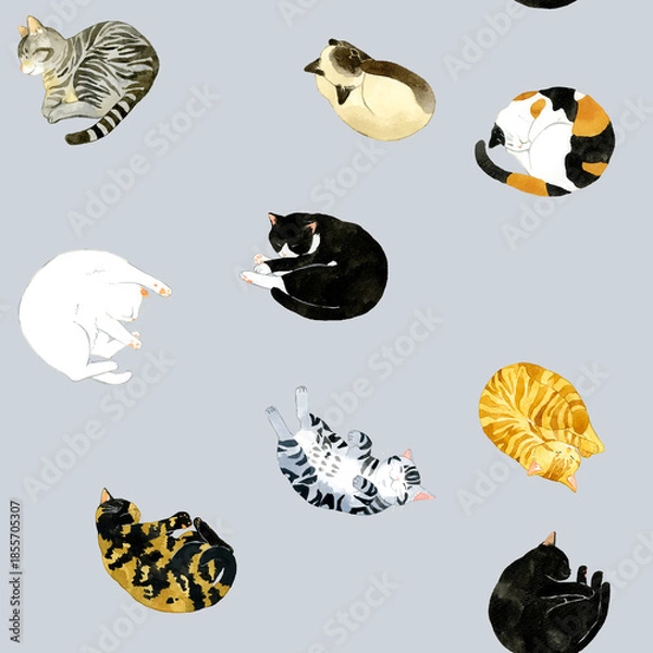 Obraz 眠るかわいい猫のシームレスパターン　動物・ペットの手描き水彩イラスト背景素材