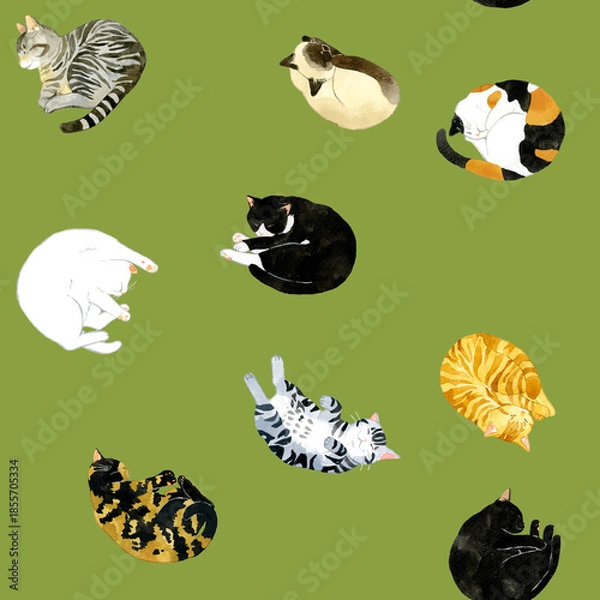 Obraz 眠るかわいい猫のシームレスパターン　動物・ペットの手描き水彩イラスト背景素材
