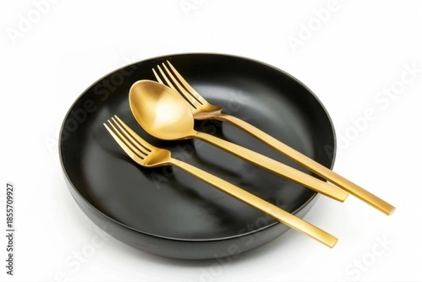 Obraz Chic Gold Cutlery Set Elegant Matte Flatware Golden Spoon Forks in Black on transparent background