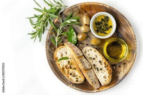 Obraz Rustic healthy Mediterranean appetizer fresh bread green olives fragrant on transparent background